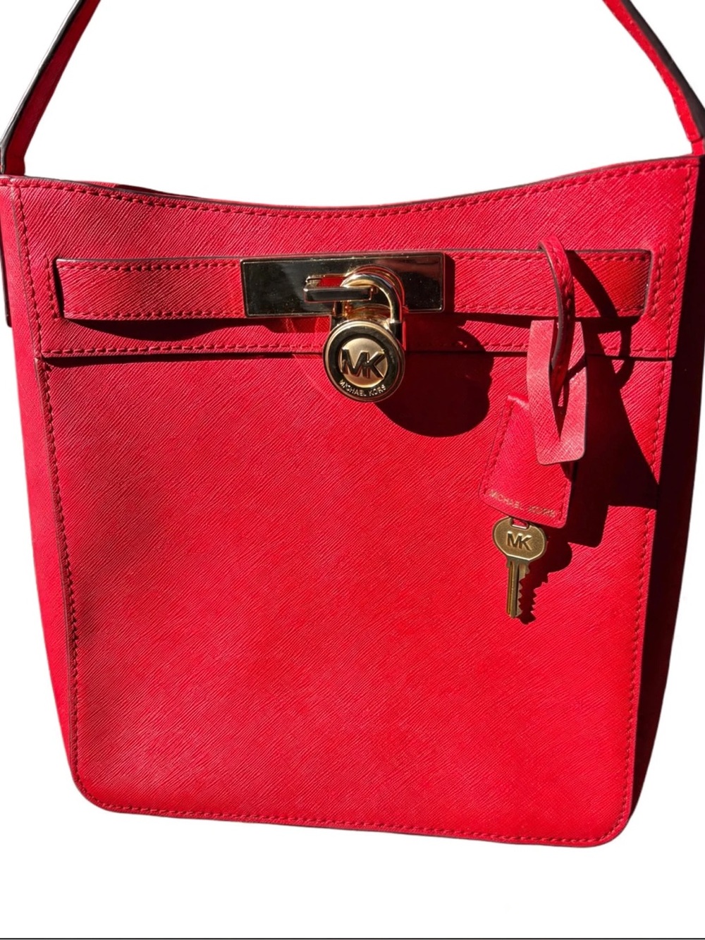 Michael Kors Hamilton Saffiano Leather Satchel Red Gold MK Lock